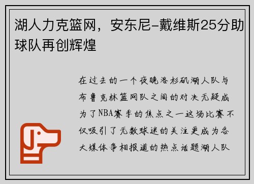 湖人力克篮网，安东尼-戴维斯25分助球队再创辉煌
